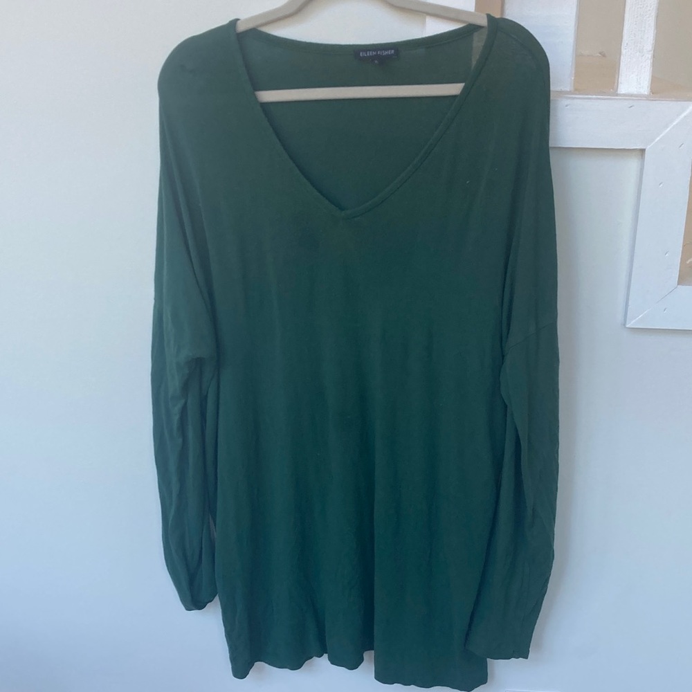 Eileen Fisher Deep Green V-Neck stretch jersey tunic Oversize top. Large